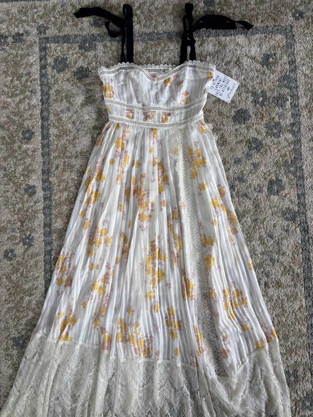 Free People White w/ Yellow & Purple Silk Pleated Dress w/ Black Ribbon Straps